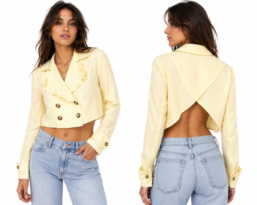 Free People Bennie Crop Blazer Open Back Linen Jacket XS Yellow NWOT